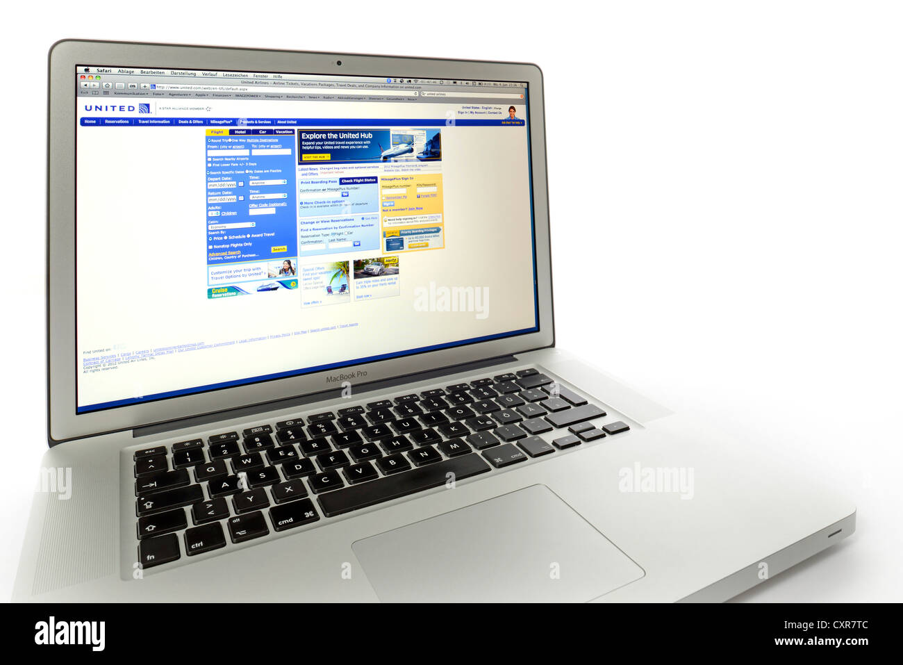 United Airlines, sito web della compagnia aerea visualizzato sullo schermo di un MacBook Pro Apple Foto Stock