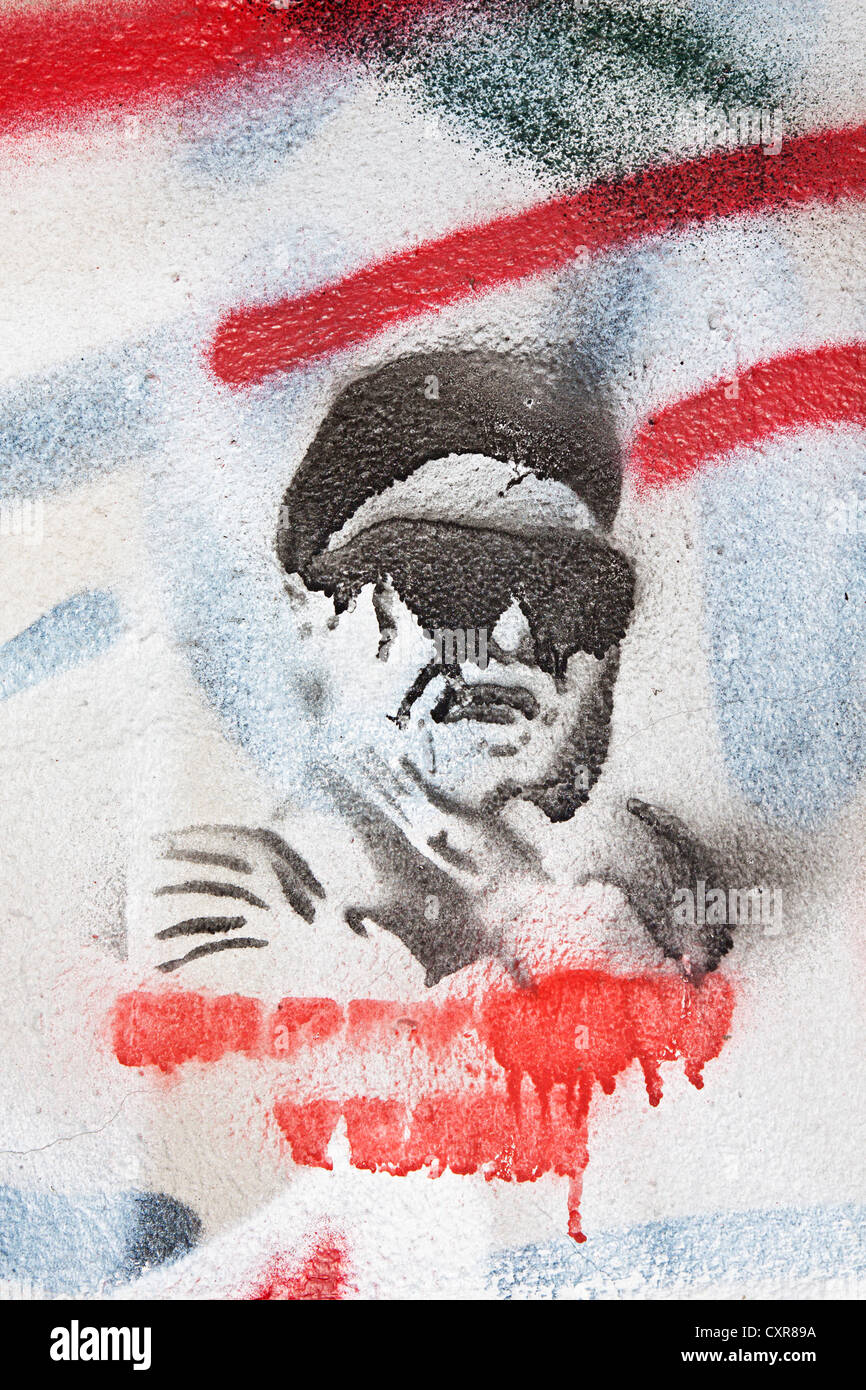 Kim Jong-il, Felice Anno Nuovo, stencil, arte stencil, graffiti, facciata, parete Schoenhauser Allee, Berlino, Germania, Europa Foto Stock