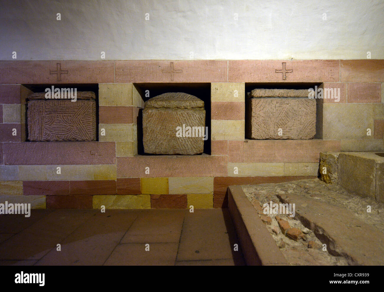 Tombe della dinastia Salian, cripta, il Romanico più grande sala colonne in Europa, Cattedrale di Speyer, Cattedrale imperiale Foto Stock