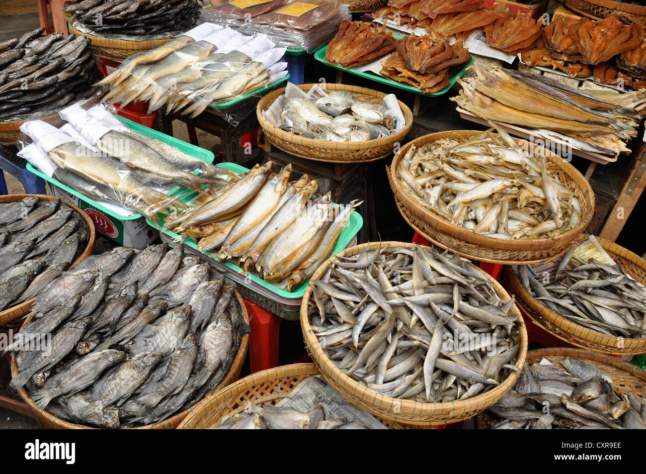 Pesci secchi in un mercato, Chau Doc, Delta del Mekong, Vietnam, Asia sud-orientale, Asia Foto Stock