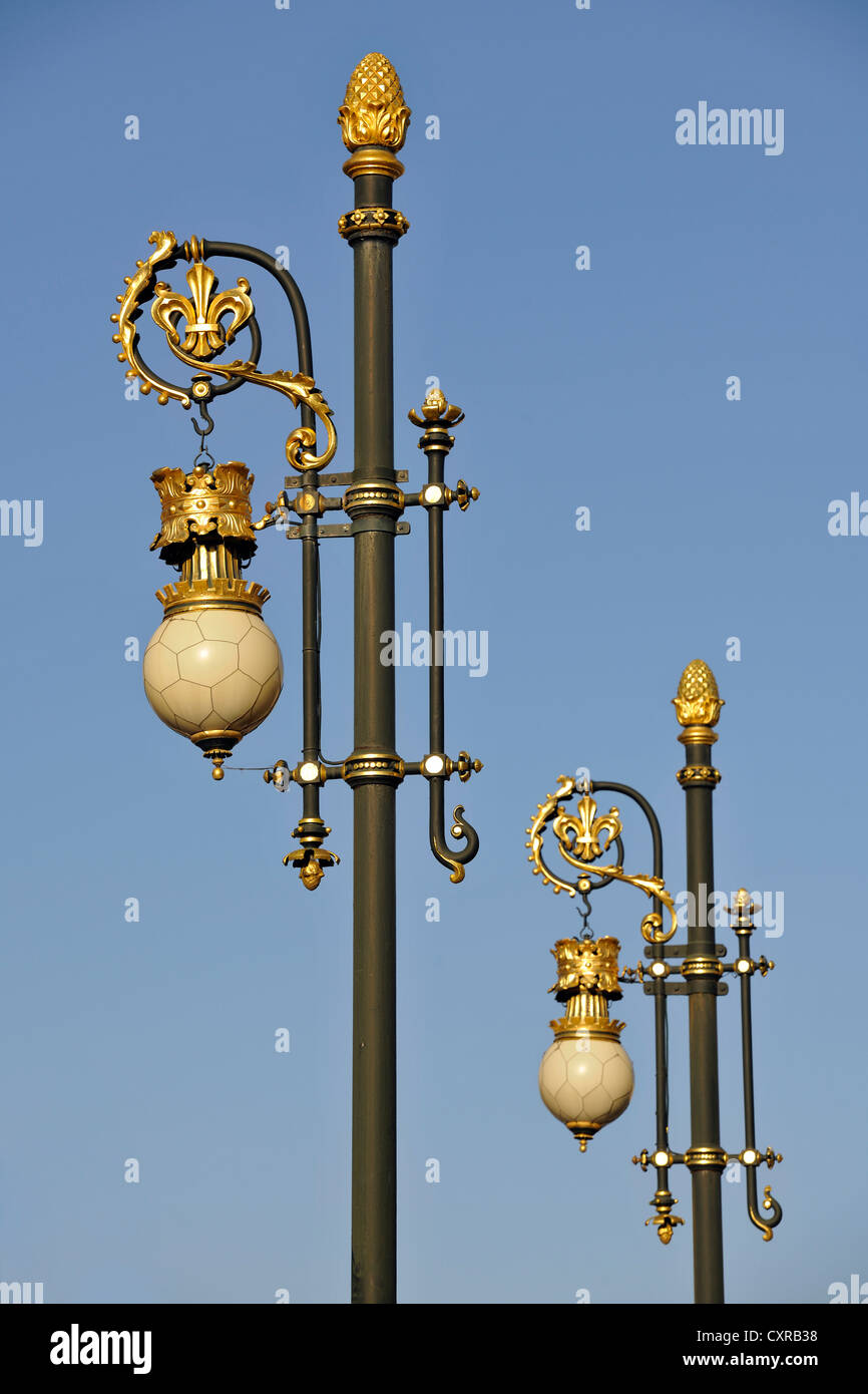 Lampade di via di fronte al Palazzo Reale di Madrid, Palacio Real, Madrid, Spagna, Europa, PublicGround Foto Stock