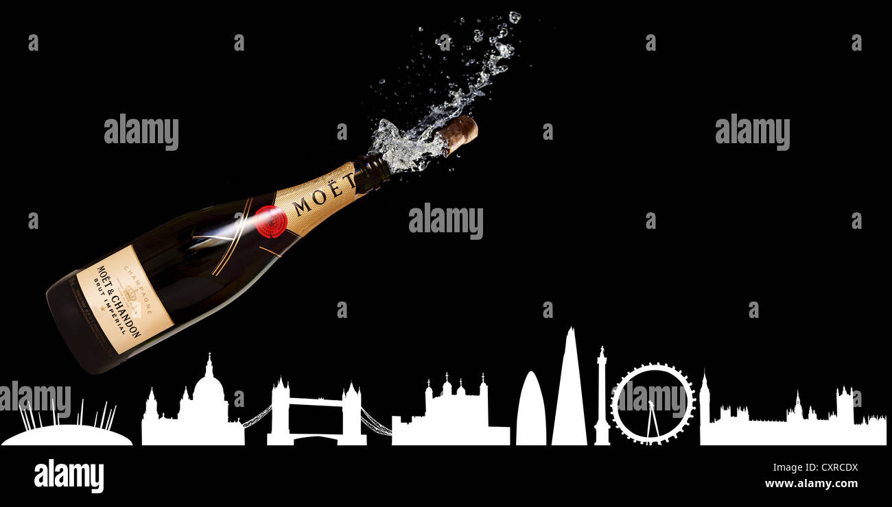 Bianco su nero sagome dei siti di Londra con una bottiglia di champagne che indica vita notturna di Londra. (Vedi descrizione) Foto Stock