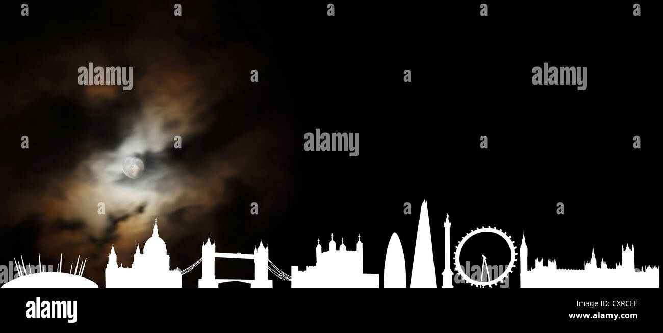 Bianco su nero silhouettes di alcuni ben noti siti di Londra con la luna dietro le nuvole in movimento. (Vedi descrizione) Foto Stock