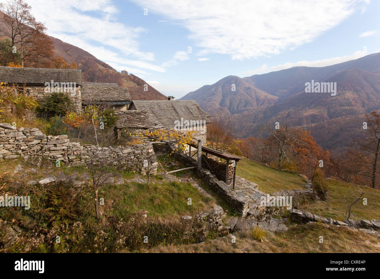 Tradizionale di pietra case coloniche, rustico, la caduta nei pressi di Lionza, Ticino, Svizzera, Europa Foto Stock
