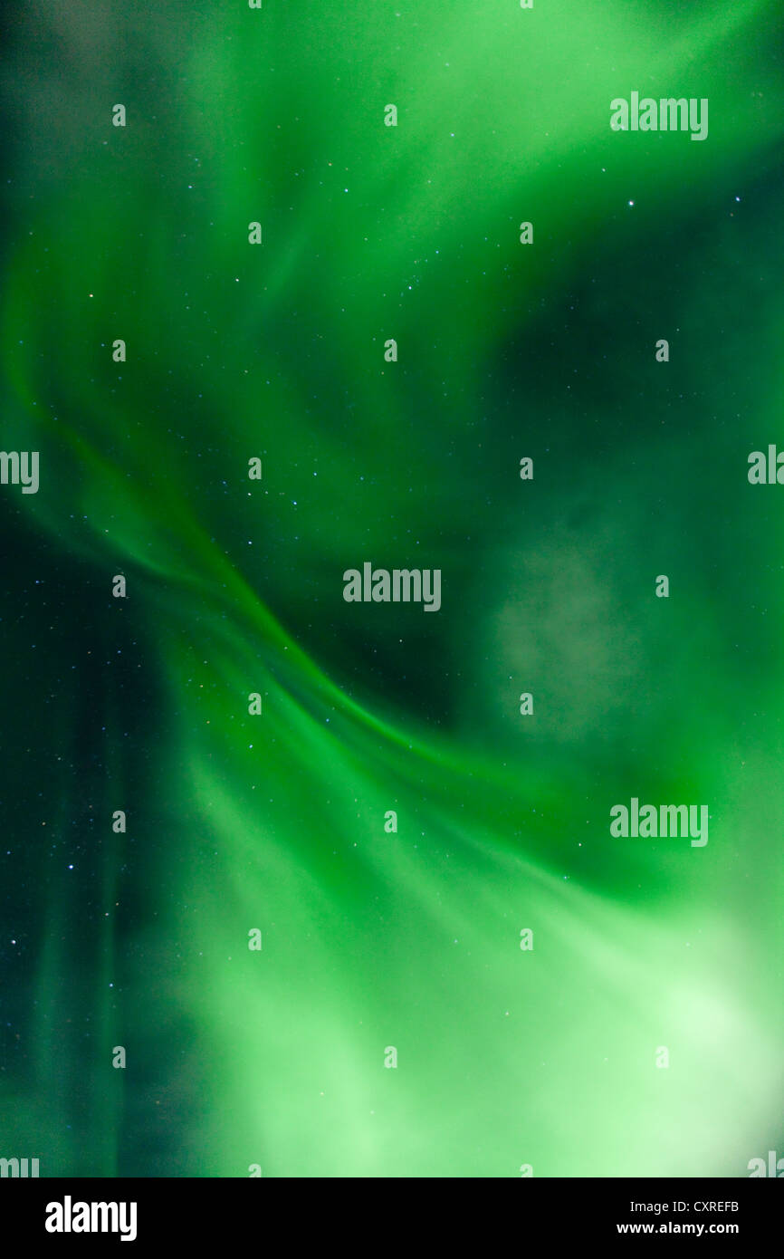 Verde di vorticazione polare settentrionale luci, burst, Aurora boreale, vicino a Whitehorse, Yukon Territory, Canada Foto Stock