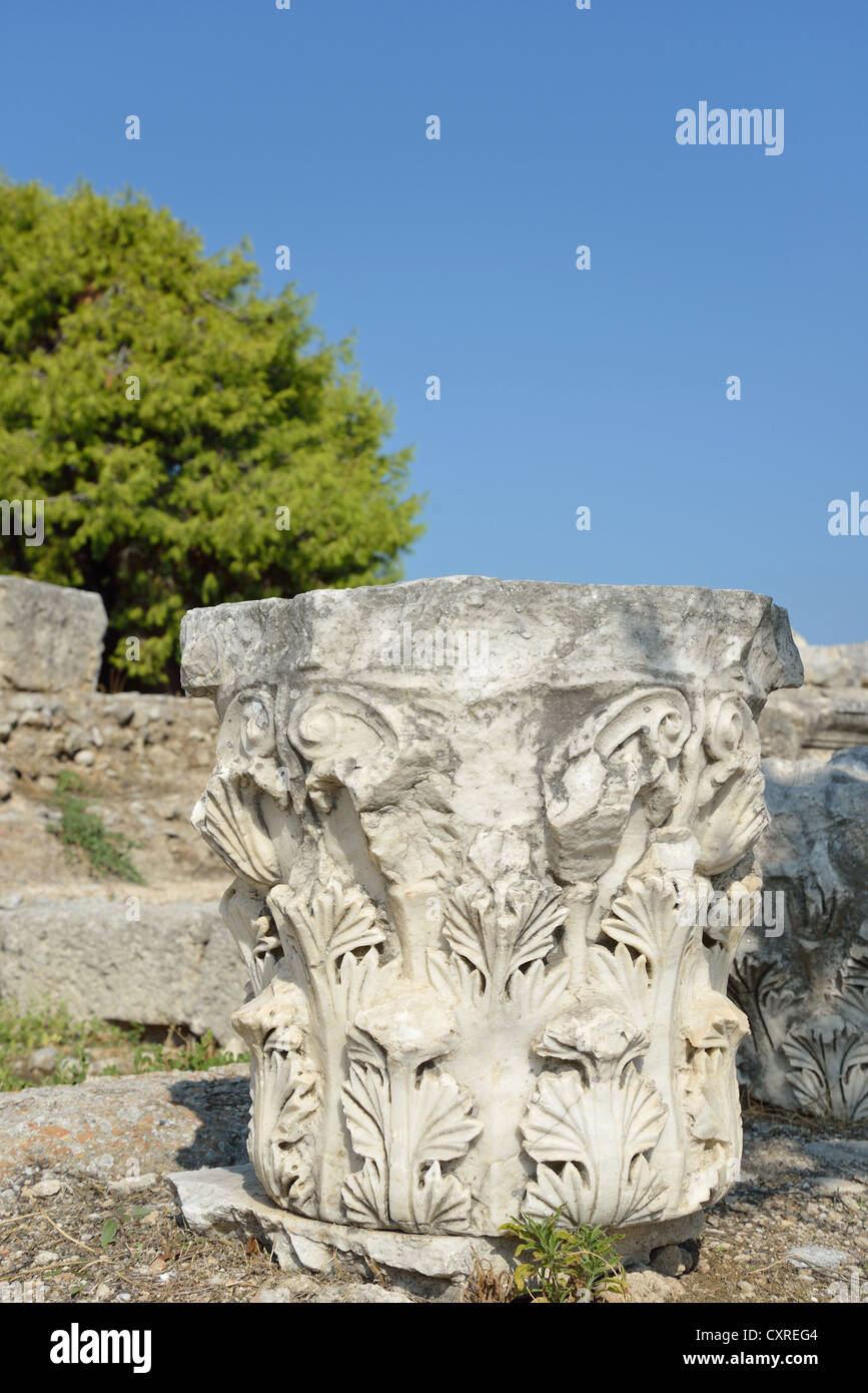 Scolpiti ordine corinzio colonna, antica Corinto, Corinto comune, regione del Peloponneso, Grecia Foto Stock