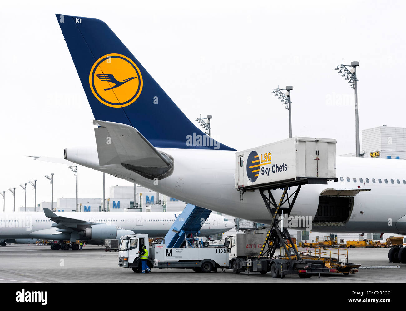 Aereo Lufthansa essendo alimentata con disposizioni da parte dei dipendenti delle società di servizio LSG Sky - Capi al Terminal 2 di Monaco di Baviera Foto Stock
