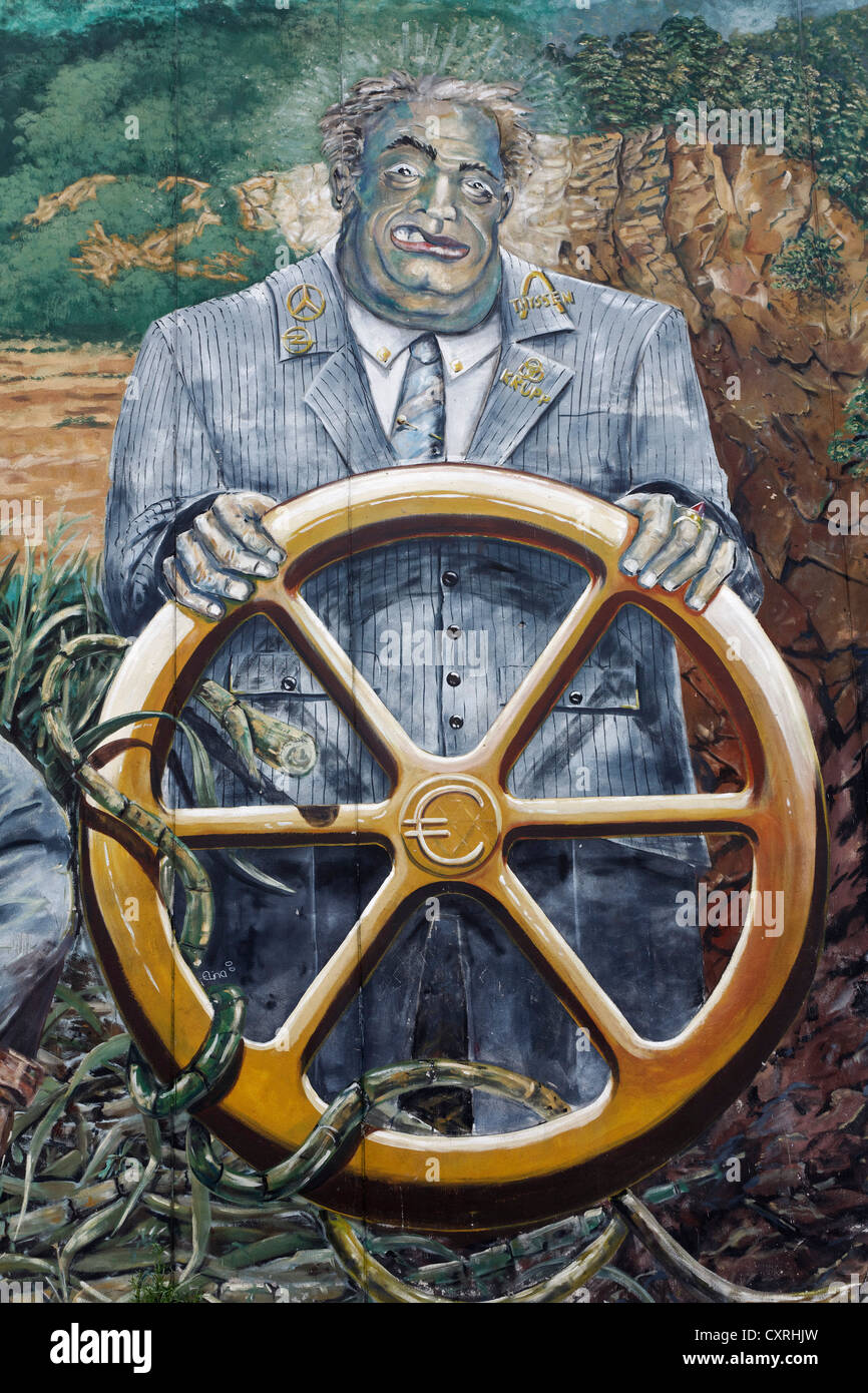 L'industria capitano al volante, anti-capitalista graffiti, graffiti art, Arte di strada, Bochum, la zona della Ruhr Foto Stock