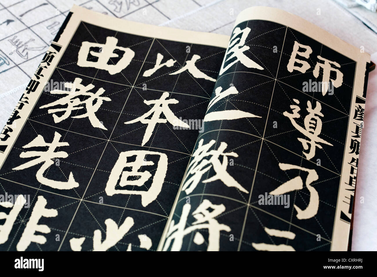 Calligraphy libro campione con i caratteri cinesi, Cina giorno, Duesseldorf, nella Renania settentrionale-Vestfalia, Germania, Europa Foto Stock