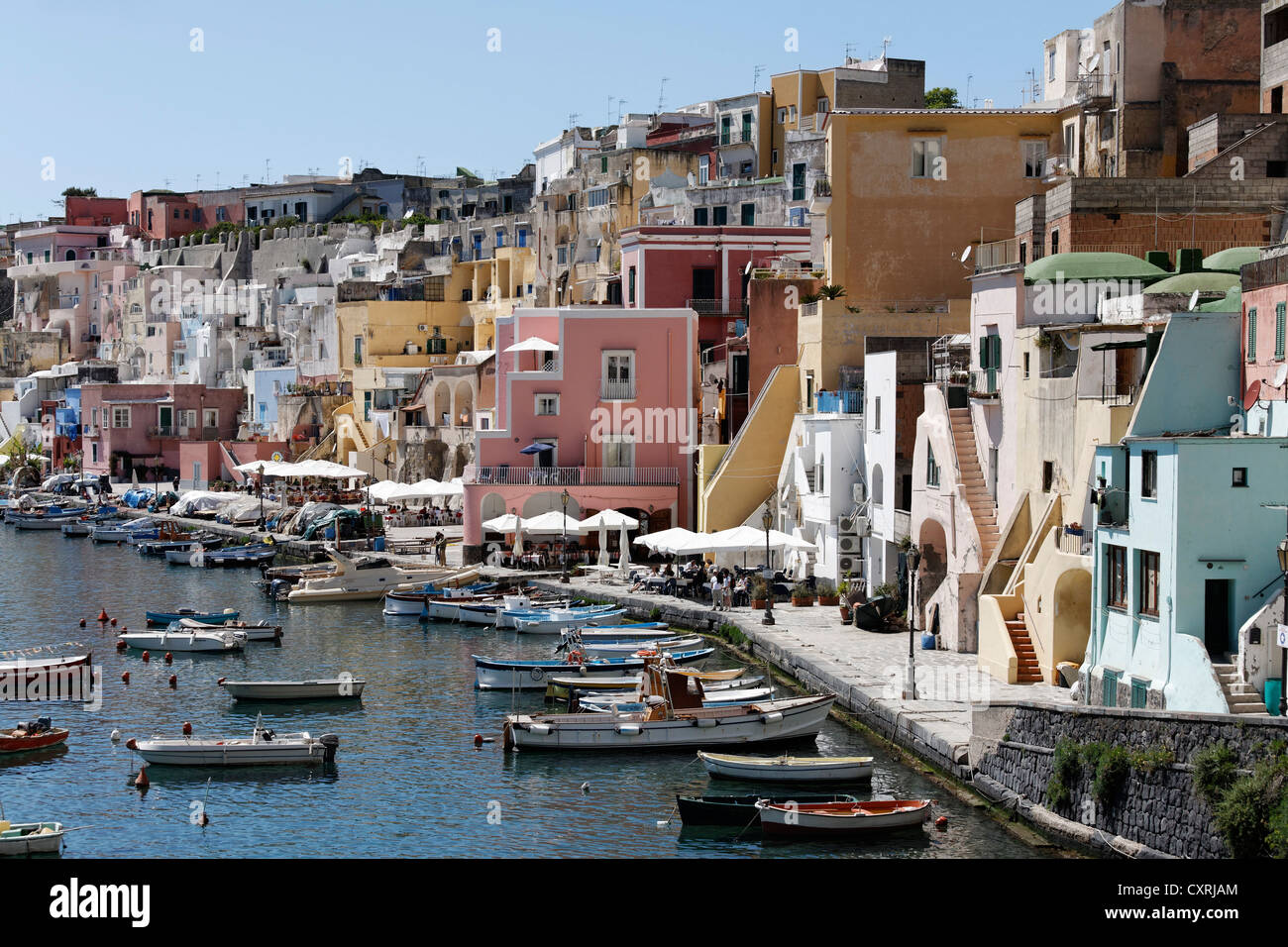 Porto dei Pescatori di Marina di Corricella, Isola di Procida, il Golfo di Napoli, Campania, Italia meridionale, Italia, Europa Foto Stock