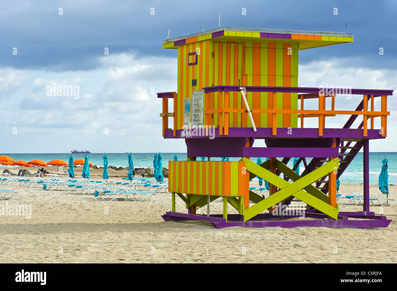 Lifeguard hut, South Beach, Miami, Florida, Stati Uniti d'America Foto Stock