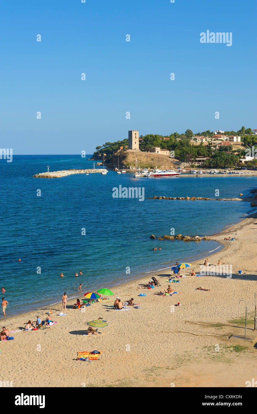 Spiaggia, Nea Fokea, Kassandra di Halkidiki, Grecia, Europa Foto Stock