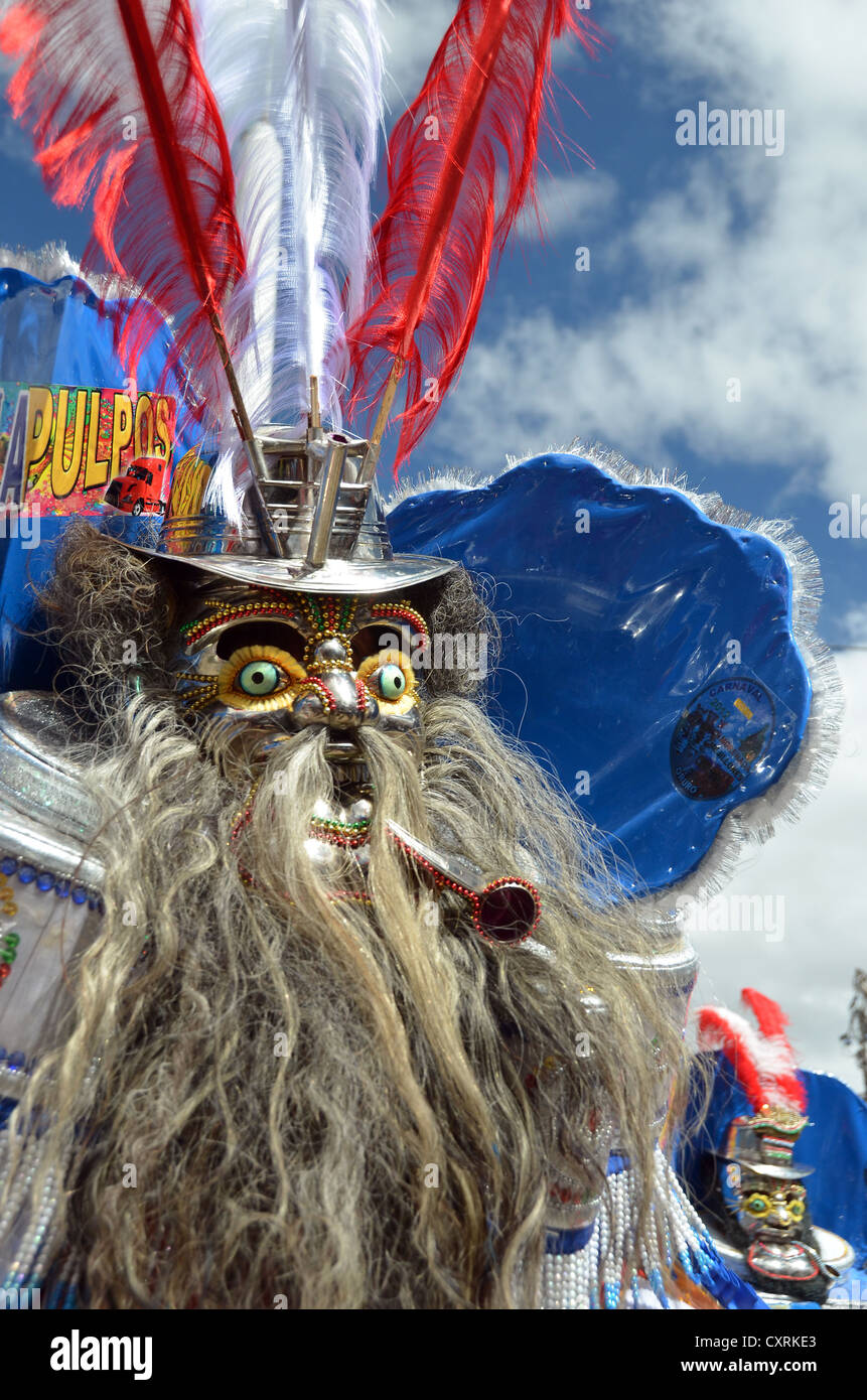 Maschera alla più grande indio Carnevale nel mondo, diablada, Ballo dei diavoli, vivere patrimonio mondiale dell UNESCO, oruro Foto Stock