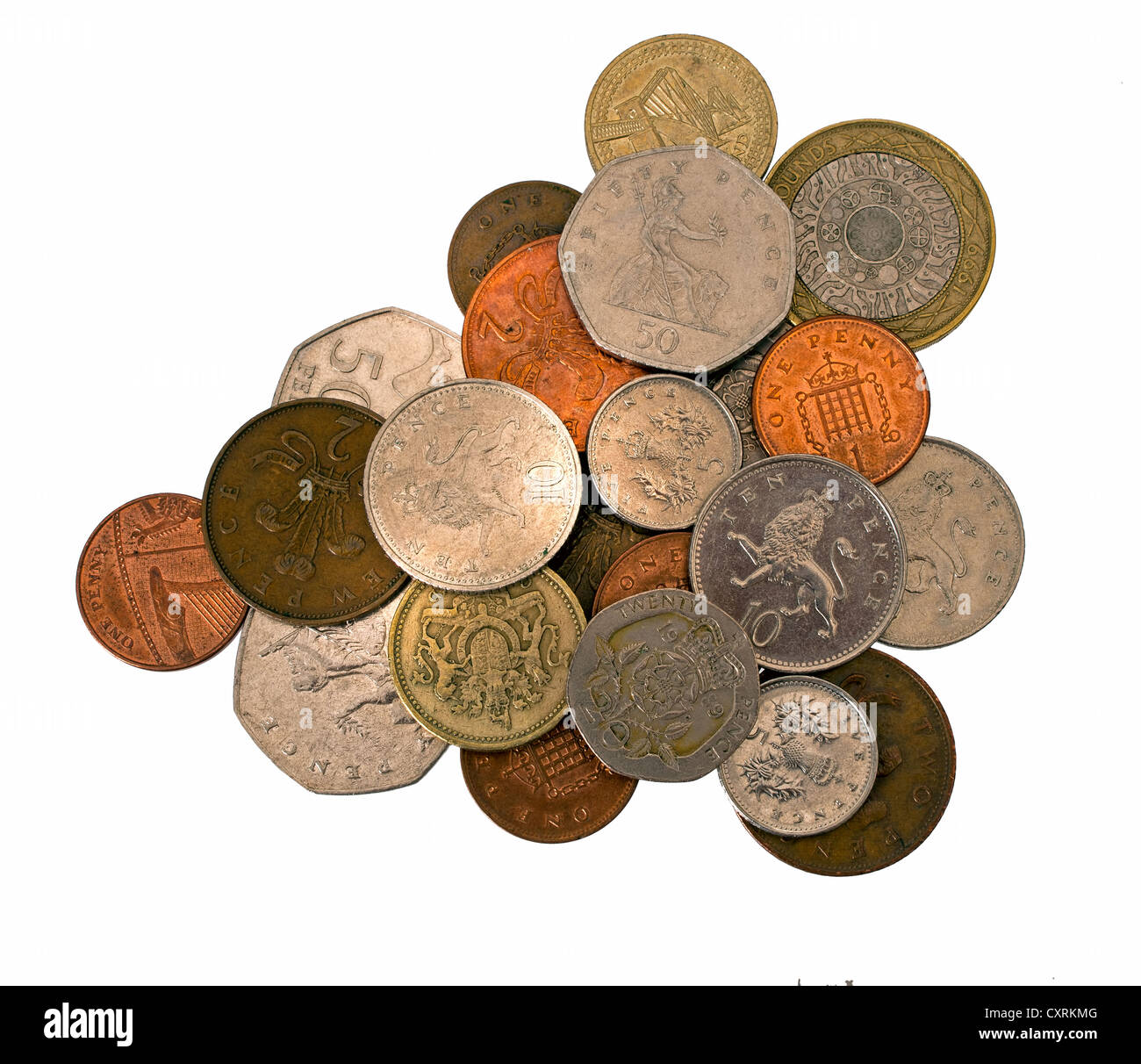 British monete isolato su bianco Foto Stock