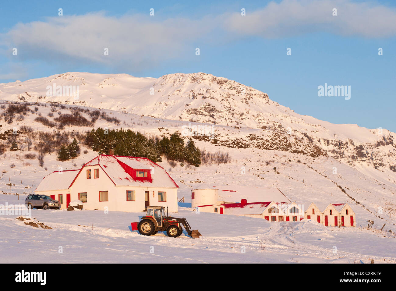 Piccolo e tradizionale fattoria islandese al tramonto in inverno, Skaftafell, Sud Islanda, Europa Foto Stock
