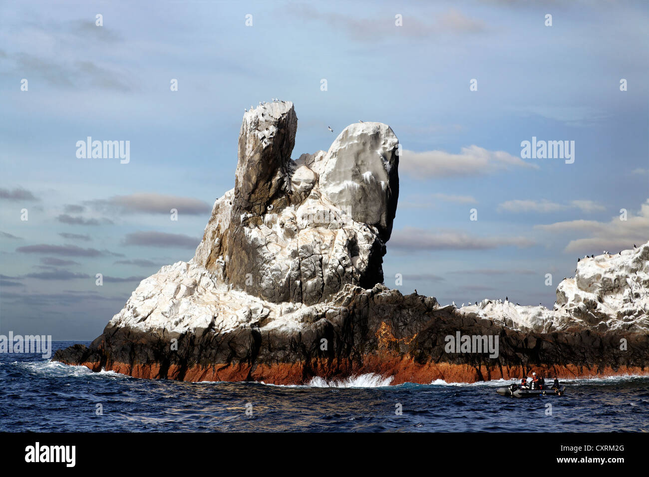 I subacquei in un gommone esplorare Roca Partida, rotto Rock, 24m, camel-roccia sagomata, noto sito di immersione, Revillagigedo Islands Foto Stock