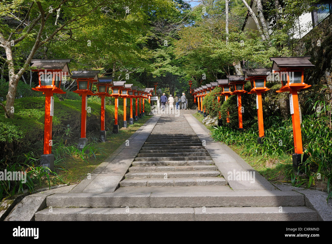 Scala con lampade votive al Kurama-dera o Tempio Kurama Kurama, nei pressi di Kyoto, Giappone, Asia orientale, Asia Foto Stock