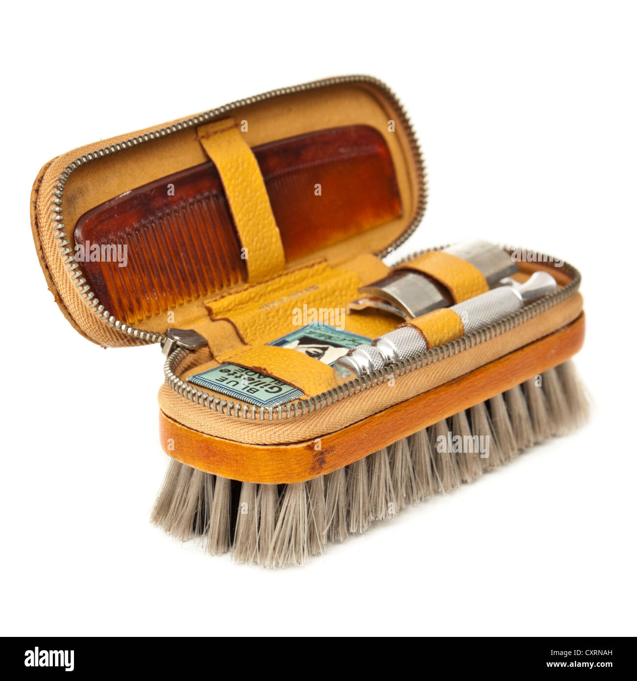 Vintage gentlemen's viaggi / kit di rasatura con la spazzola e il pettine rasoio Gillette Foto Stock