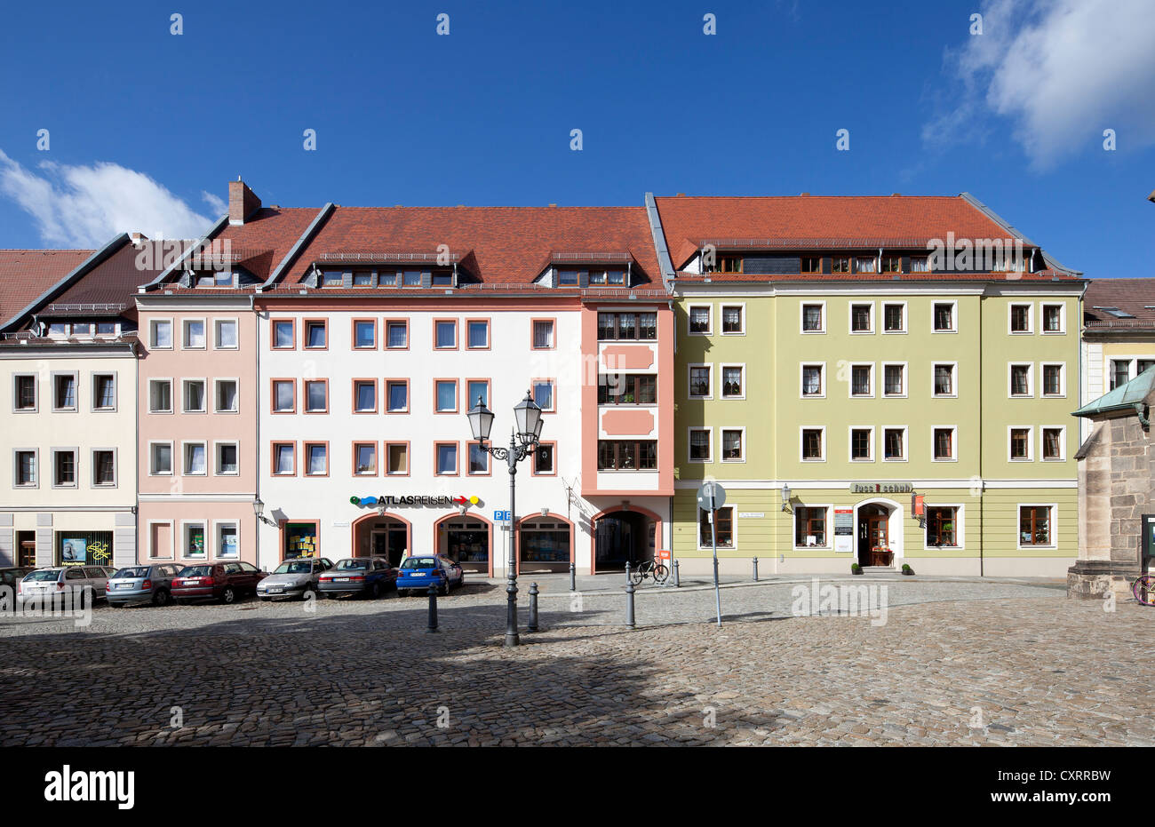 Storico degli edifici residenziali e commerciali, Fleischmarkt square, Bautzen, Budysin, Lusazia, Alta Lusazia sassone Foto Stock