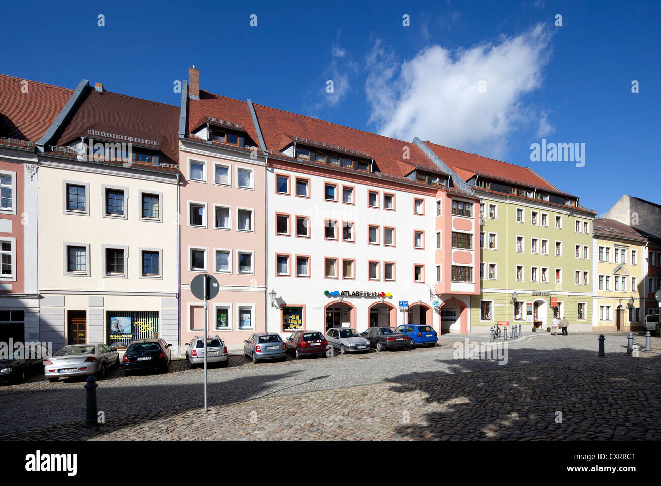 Storico degli edifici residenziali e commerciali, Fleischmarkt square, Bautzen, Budysin, Lusazia, Alta Lusazia sassone Foto Stock