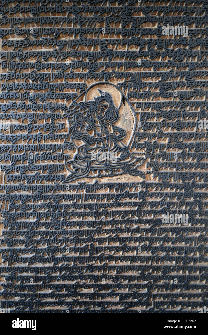 Scolpiti tibetano blocco di stampa per la produzione di bandiere di preghiera, preghiera alla dea Tara, McLeod Ganj, Dharamsala Foto Stock