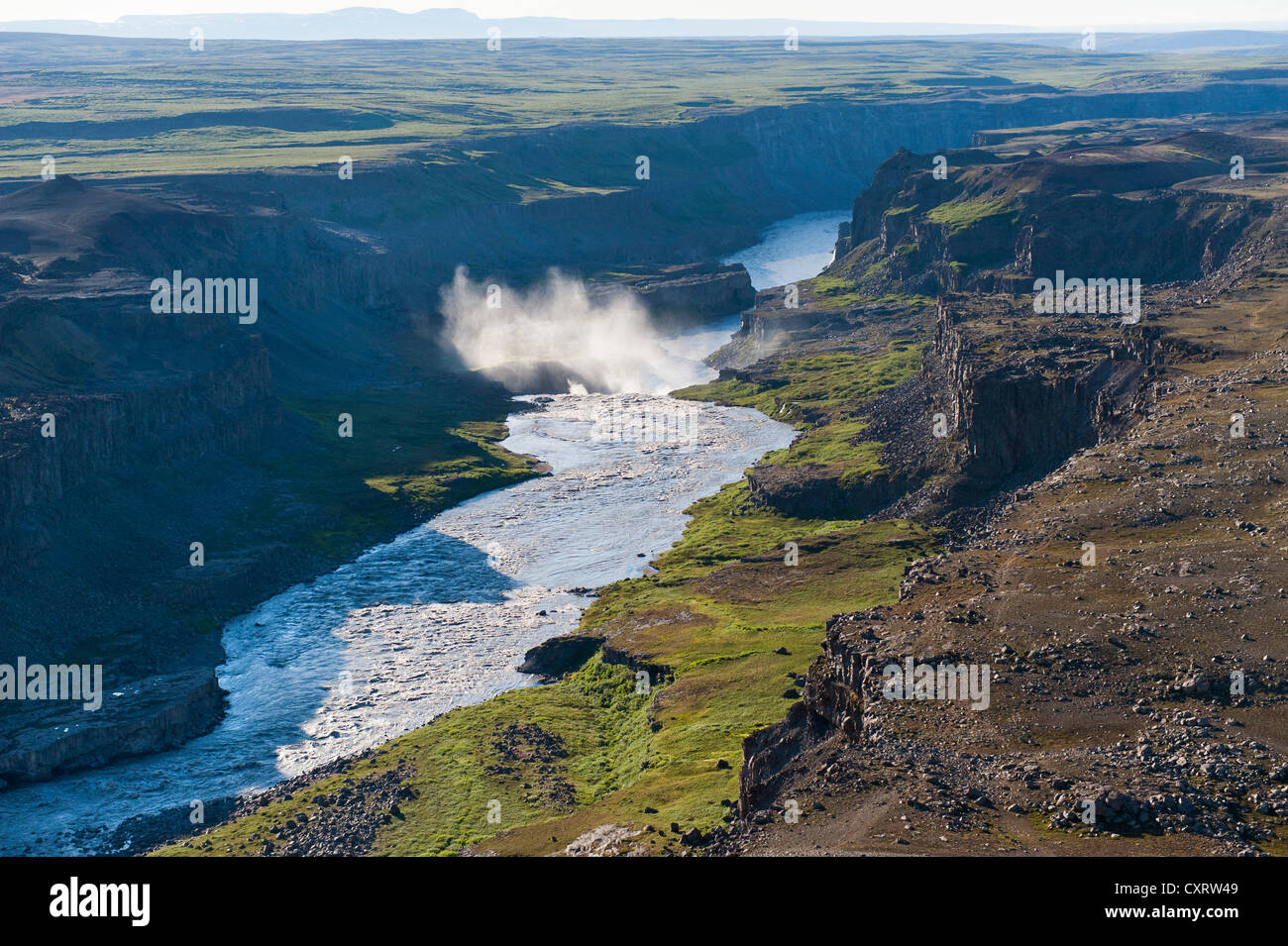 Vista aerea, Dettifoss river, cascata Joekulsárgljúfur National Park, a Ásbyrgi o Asbyrgi, Islanda e Scandinavia Foto Stock