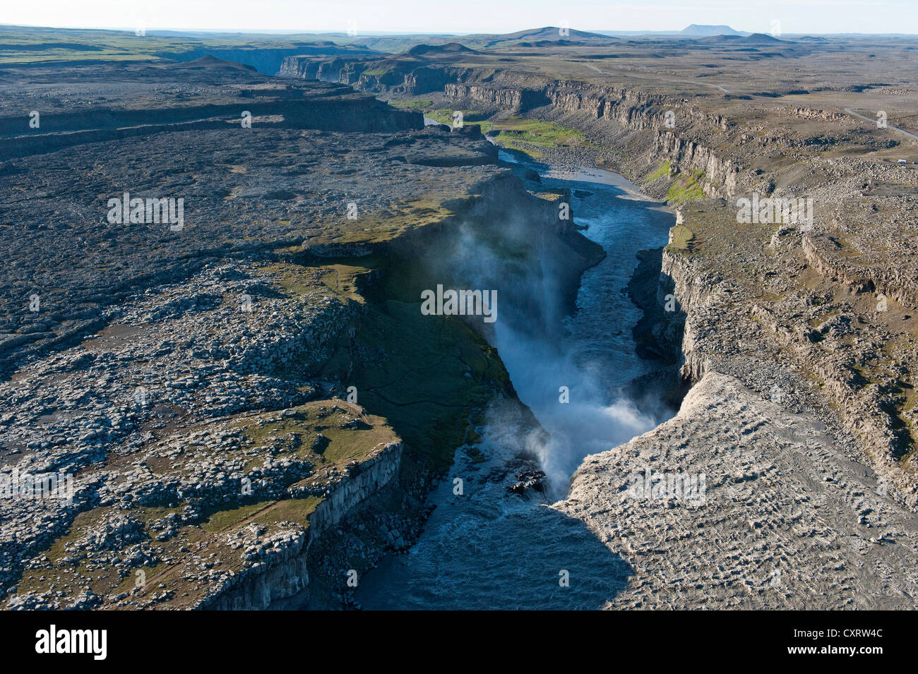 Vista aerea, cascata di Dettifoss, Joekulsárgljúfur National Park, a Ásbyrgi o Asbyrgi, Islanda, Nord Europa, Europa Foto Stock