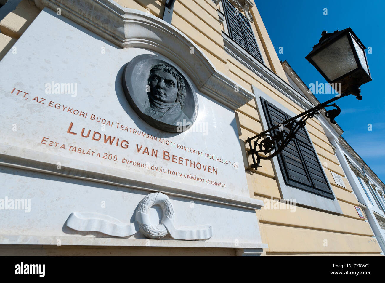 Una lapide commemorativa per un concerto di Ludwig van Beethoven in 1800, Budapest, Ungheria, Europa Foto Stock