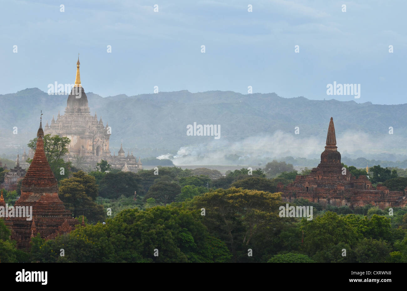 Fumo tra i templi e pagode, Bagan, MYANMAR Birmania, Asia sud-orientale, Asia Foto Stock