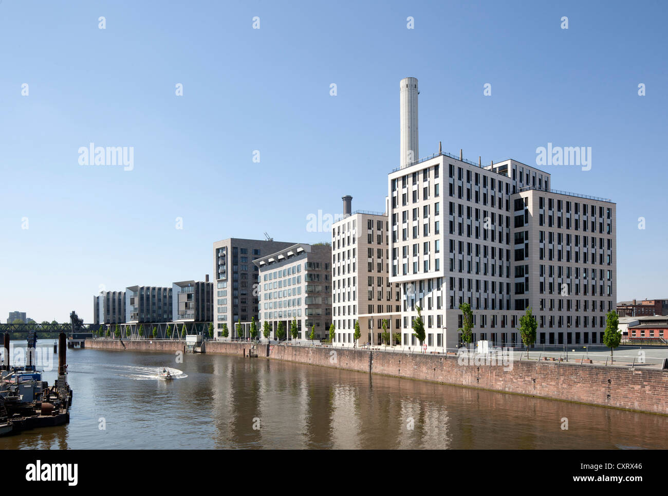 E la Torhaus Werfthaus edifici per uffici, Westhafen, Frankfurt am Main, Hesse, Germania, Europa PublicGround Foto Stock