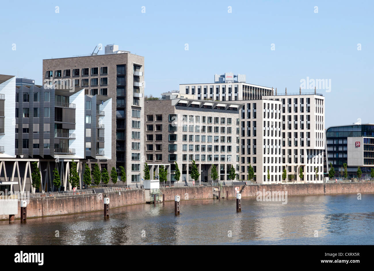 Edifici per uffici su Westhafen-Pier, Torhaus edificio e Werfthaus edificio, Westhafen distretto, Frankfurt am Main, Hesse Foto Stock