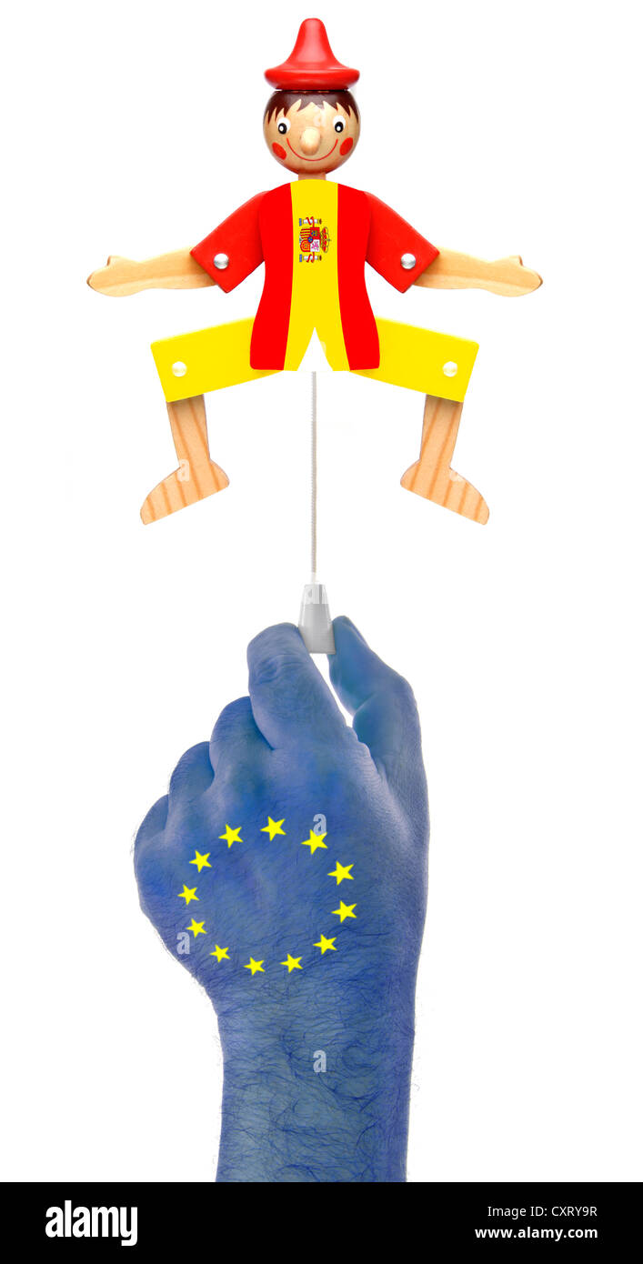 Mano con stelle europee tirando la corda di un jumping jack in spagnolo i colori nazionali, immagine simbolica Foto Stock