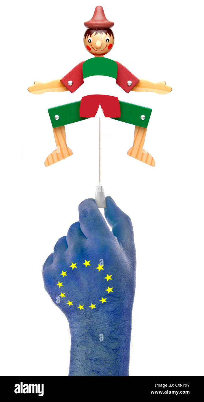 Mano con stelle europee tirando la corda di un jumping jack in italiano i colori nazionali, immagine simbolica Foto Stock