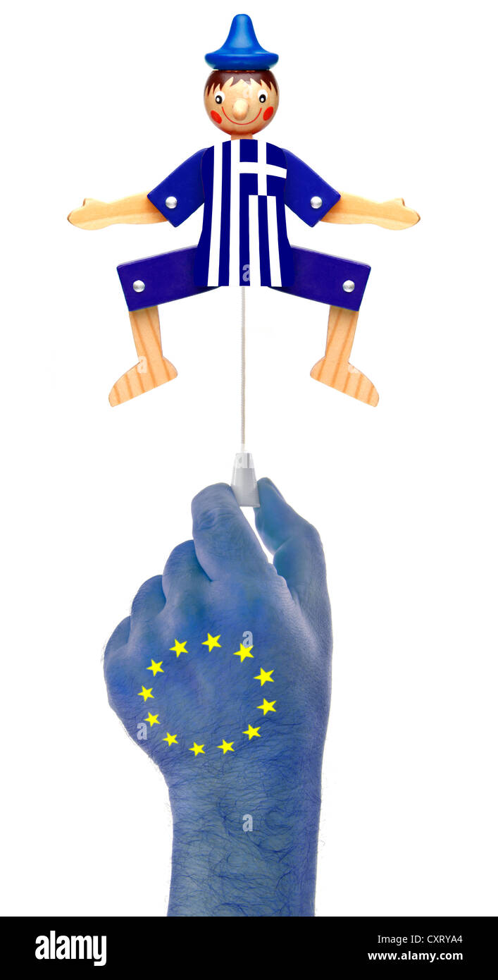 Mano con stelle europee tirando la corda di un jumping jack in greco i colori nazionali, immagine simbolica Foto Stock