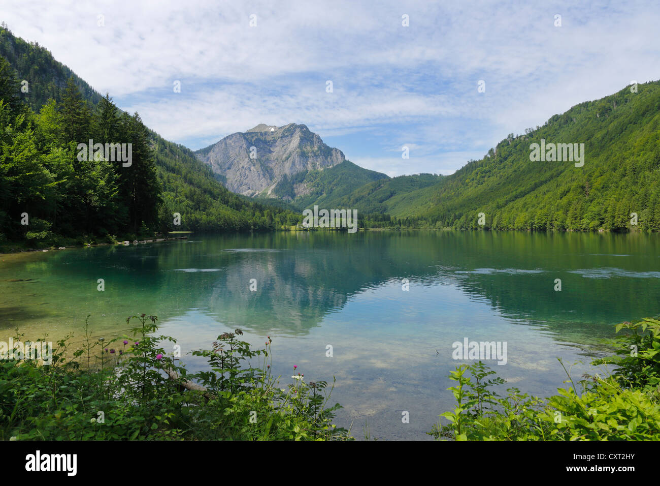 Vorderer Langbathsee lago, con Mt di Spielberg, nei pressi di Ebensee, regione del Salzkammergut, Austria superiore, Austria, Europa Foto Stock