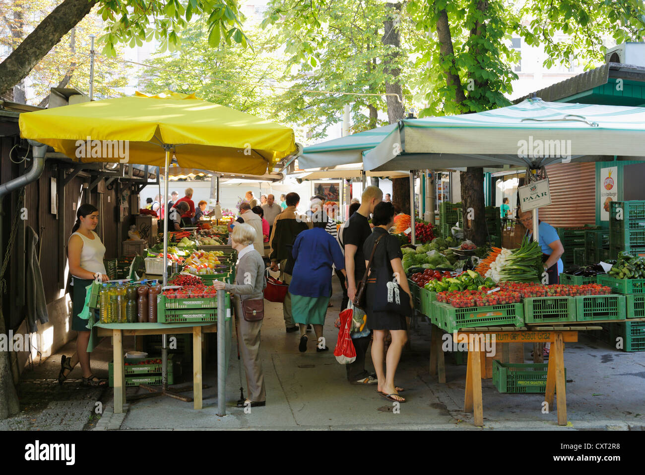 Mercato dei contadini a Kaiser-Josef-Platz, Graz, Stiria, Austria, Europa Foto Stock