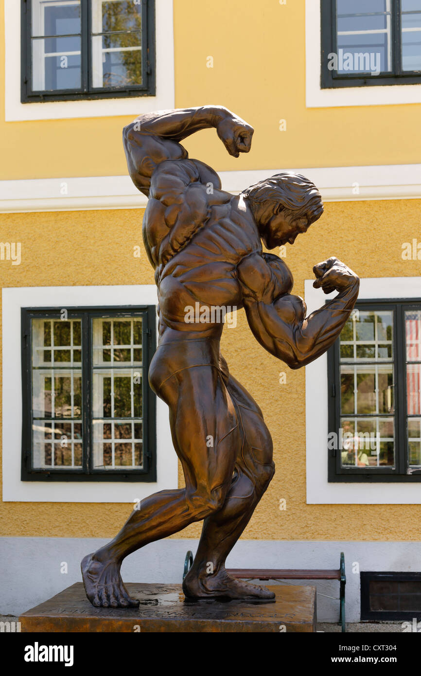 La scultura di fronte alla Arnold Schwarzenegger Museum, Thal vicino a Graz, Stiria, Austria, Europa PublicGround Foto Stock