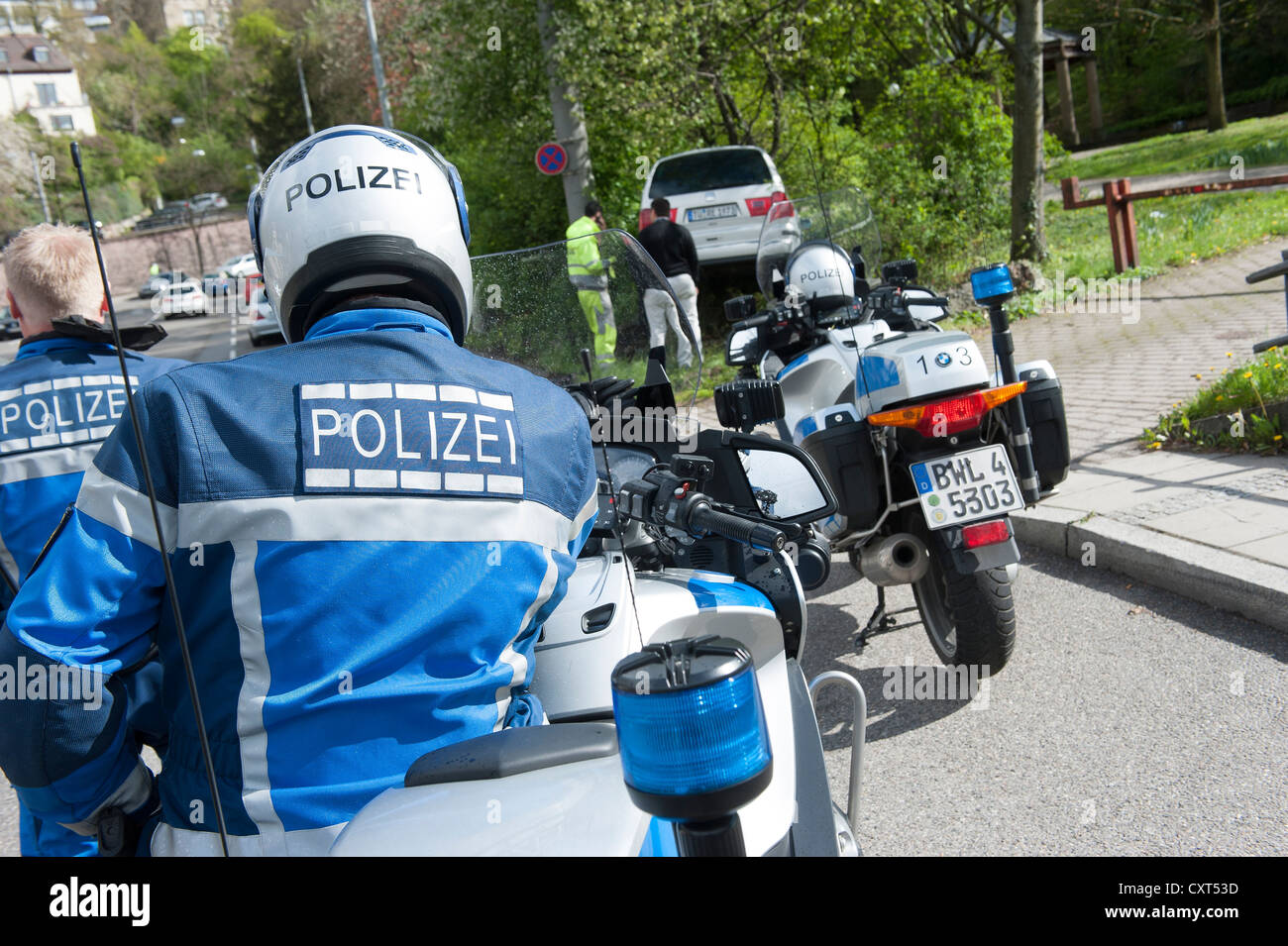 Cooperazione di polizia, polizia moto, Stoccarda, Baden-Wuerttemberg, Germania, Europa Foto Stock