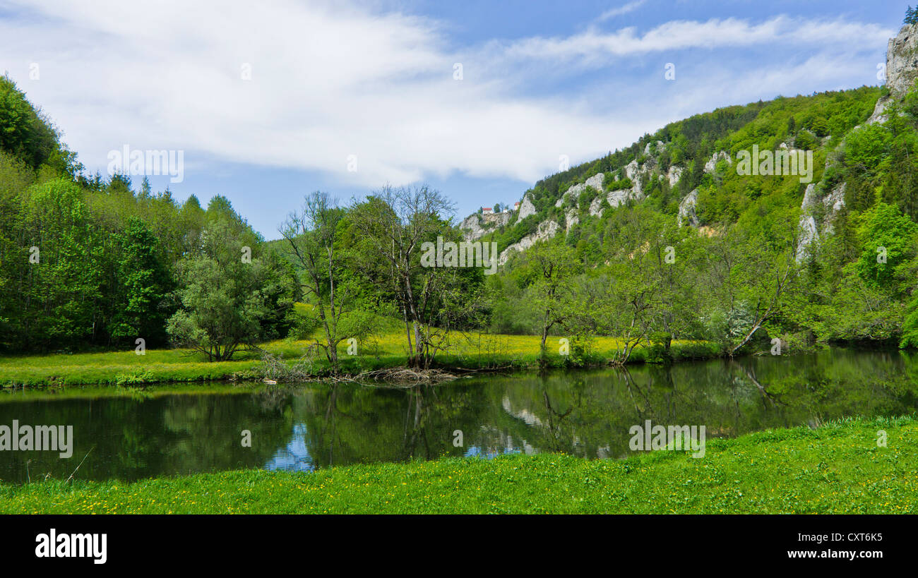 Il Danubio e Schloss Bronnen Castello, Danubio superiore Natura Park, Superiore Valle del Danubio, Baden-Wuerttemberg Foto Stock