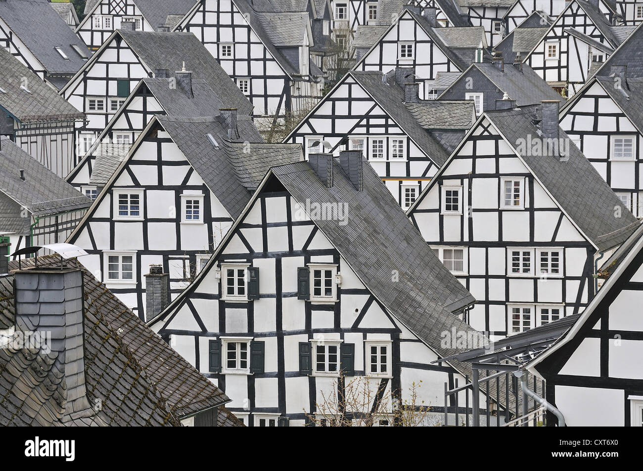 Centro storico, Alter Flecken con tipiche case a graticcio, Freudenberg Siegen-Wittgenstein, Siegerland regione Foto Stock