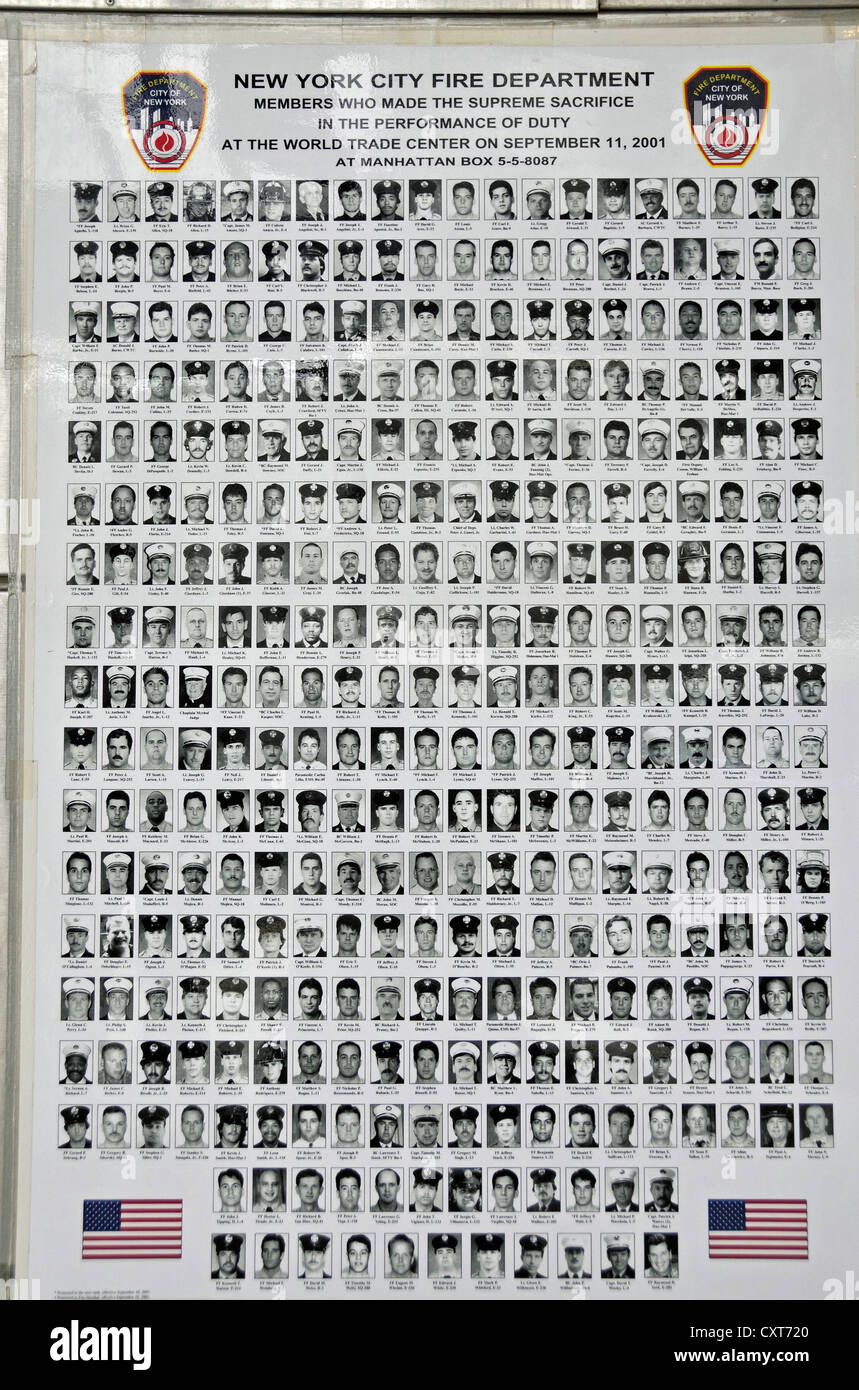 Elenco dei membri dei Vigili del Fuoco di New York che sono state vittime negli attacchi dell'11 settembre 2001, Downtown Foto Stock