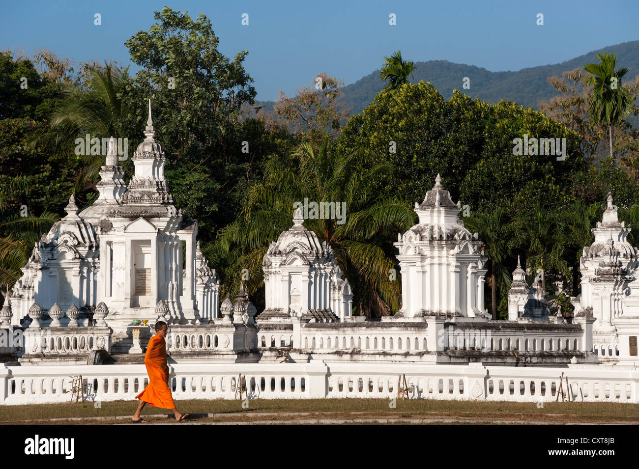Monaco che indossa una tunica arancione, bianco-lavato tombe, royal cimitero, Wat Suan Dok, Chiang Mai, Thailandia del Nord della Thailandia, Asia Foto Stock