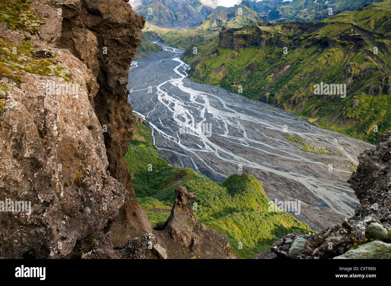 Fiume Krossá nella valle di Þórsmoerk, Thorsmoerk, Suðurland, Sudurland, Sud dell'Islanda, Islanda, Europa Foto Stock