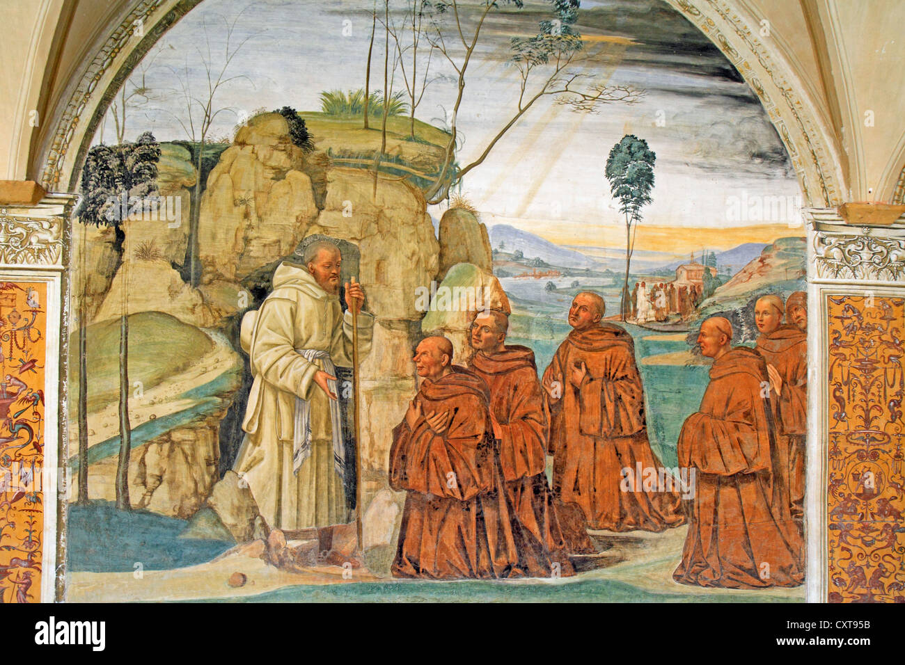 Affresco della vita di san Benedetto, affresco del Sodoma, immagine 9, Benedetto accetta le richieste degli eremiti di diventare loro abate, Foto Stock