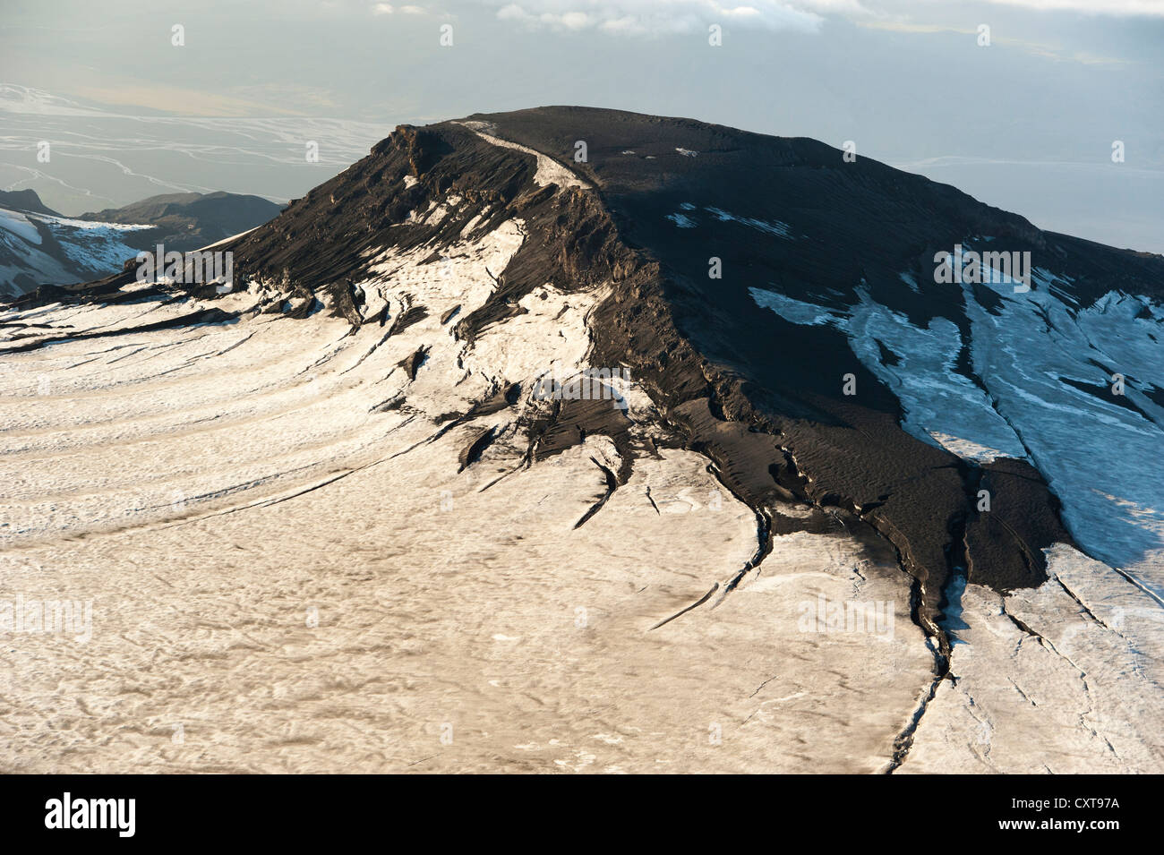 Vista aerea, vulcano Eyjafjallajoekull ricoperta di neve e di ceneri, Highlands dell Islanda Islanda, Europa Foto Stock
