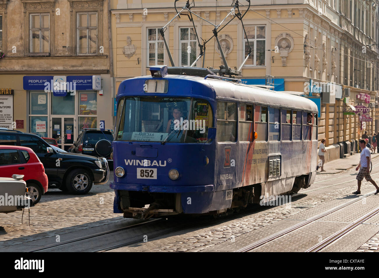 Tram, Leopoli city centre, Ucraina Foto Stock