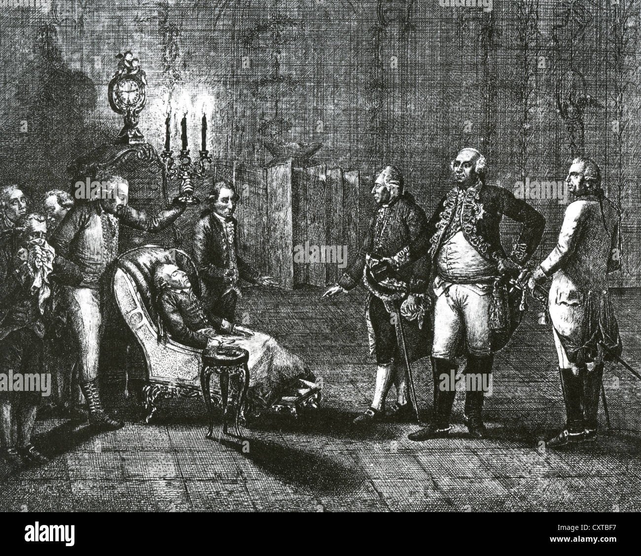 Federico il Grande (1712-1786), re di Prussia sul letto di morte Foto Stock