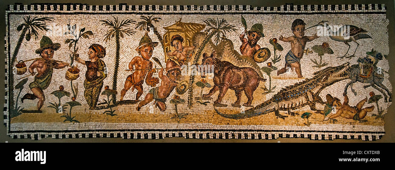 Pannello a mosaico con i pigmei romano in una scena nilotica l'Italia romana III secolo d.c. il Nord Africa Italien Foto Stock