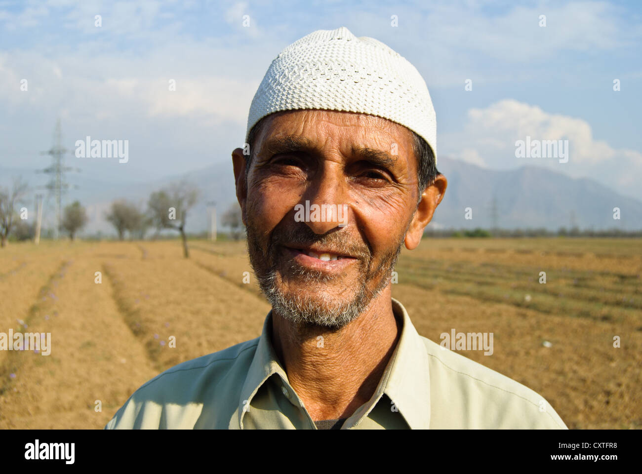 Il proprietario di una fattoria di zafferano che si trova lungo la strada che da Srinagar Kashmir Foto Stock