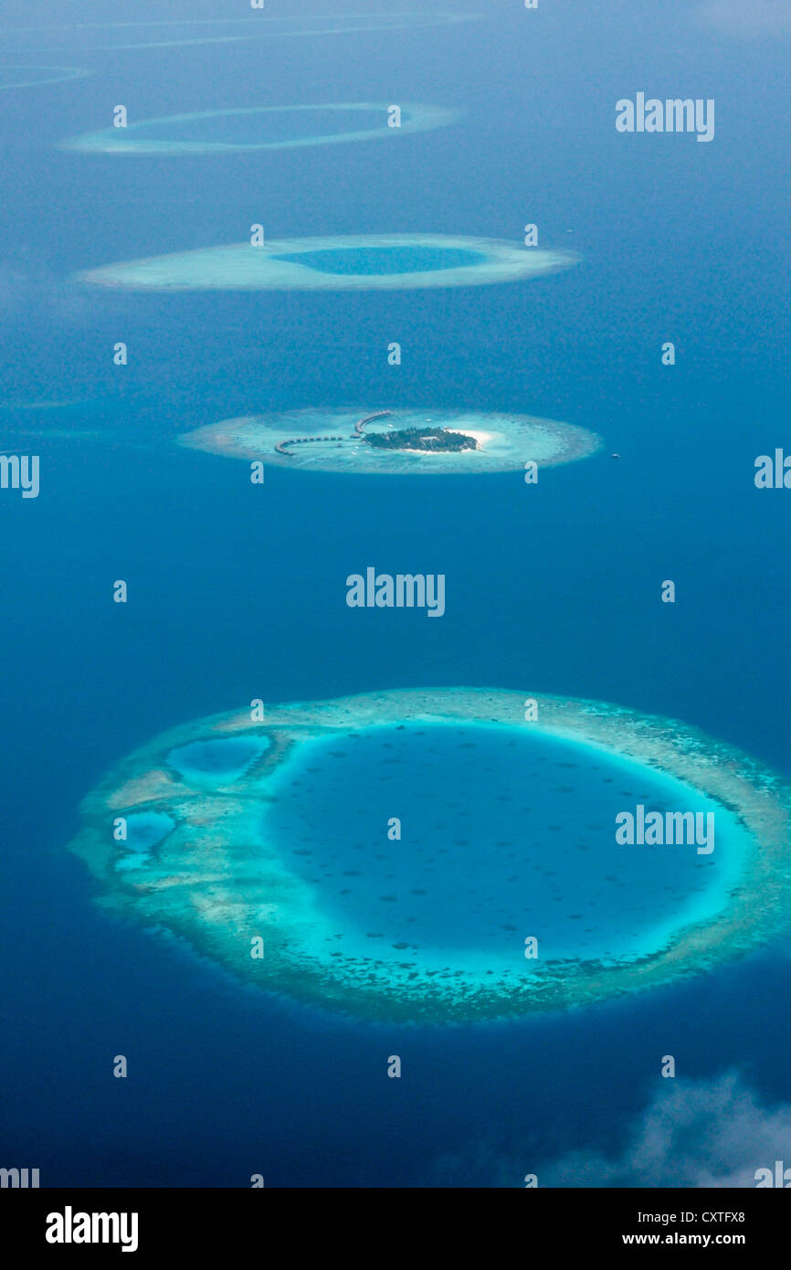 Vista aerea di Thulhaagiri Island, North Male Atoll, Maldive Foto Stock